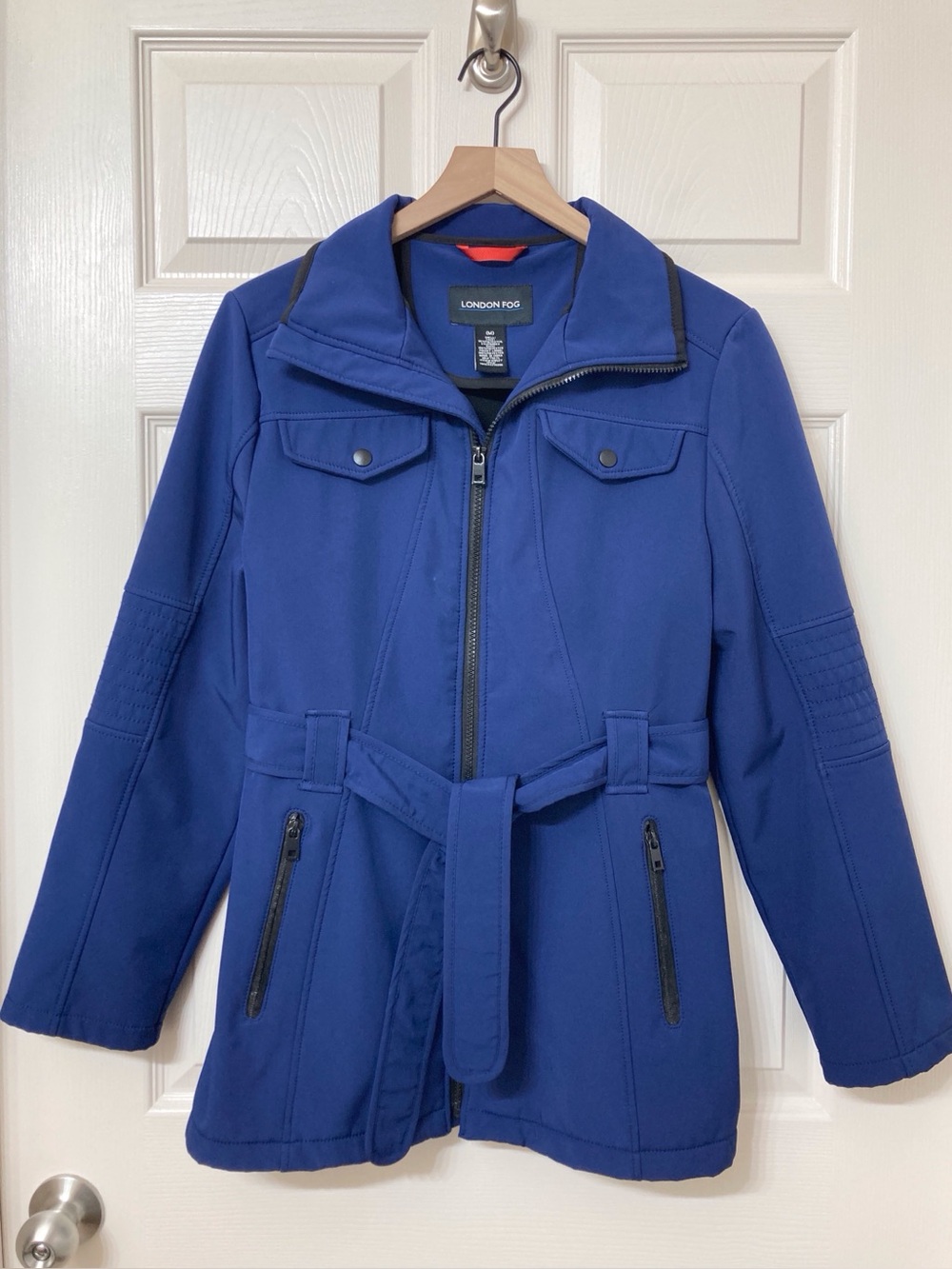 London Fog Women’s Blue Fleece Lined Water Resistant Full Zip Belted Jacket Coat